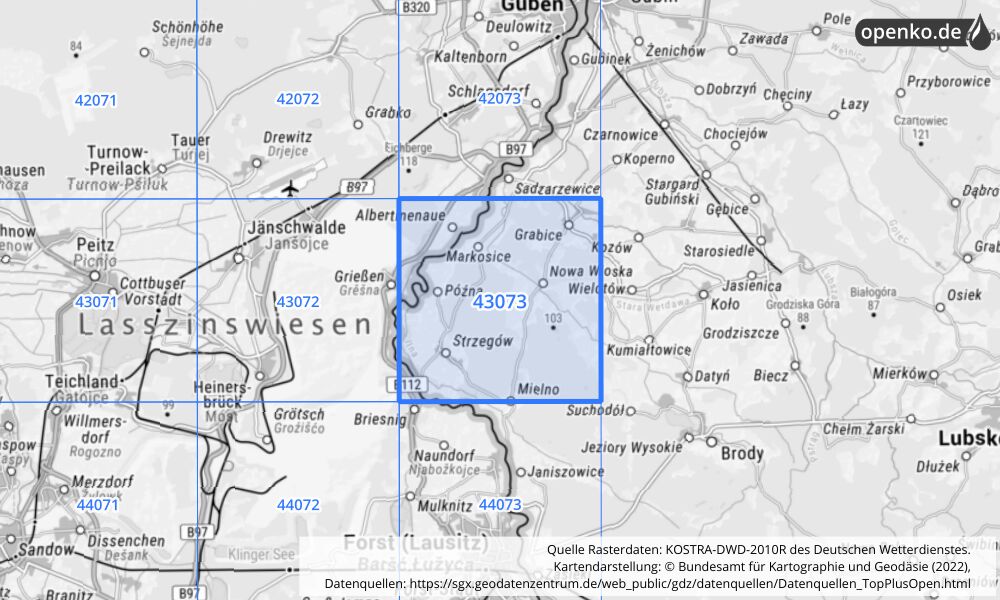 Übersichtskarte KOSTRA-DWD-2010R Rasterfeld Nr. 43073 mit angrenzenden Feldern