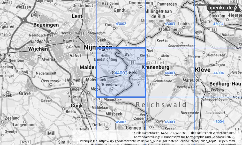 Übersichtskarte KOSTRA-DWD-2010R Rasterfeld Nr. 44002 mit angrenzenden Feldern