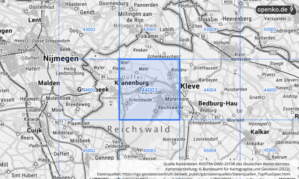 Übersichtskarte KOSTRA-DWD-2010R Rasterfeld Nr. 44003 mit angrenzenden Feldern