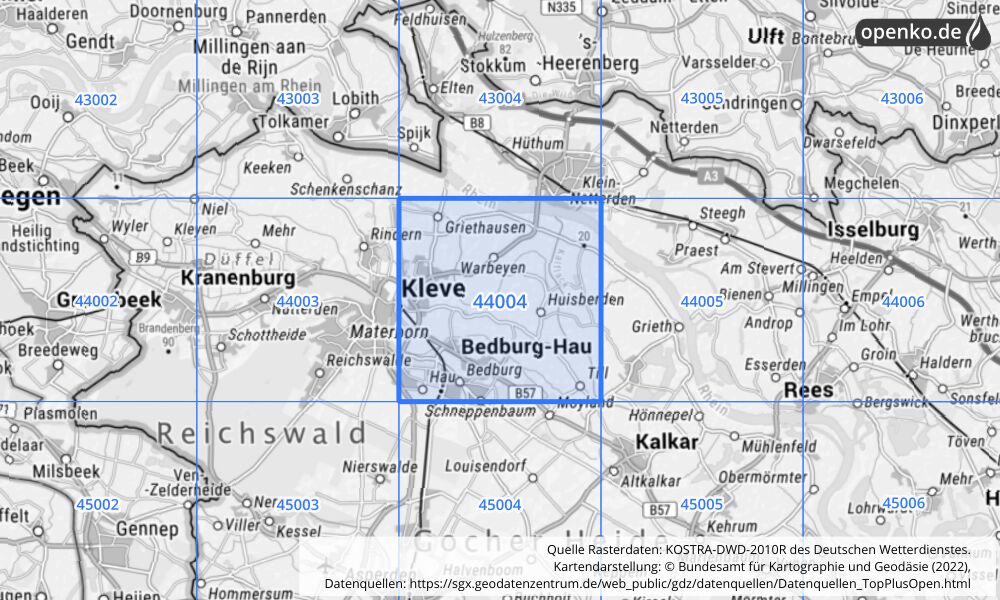 Übersichtskarte KOSTRA-DWD-2010R Rasterfeld Nr. 44004 mit angrenzenden Feldern