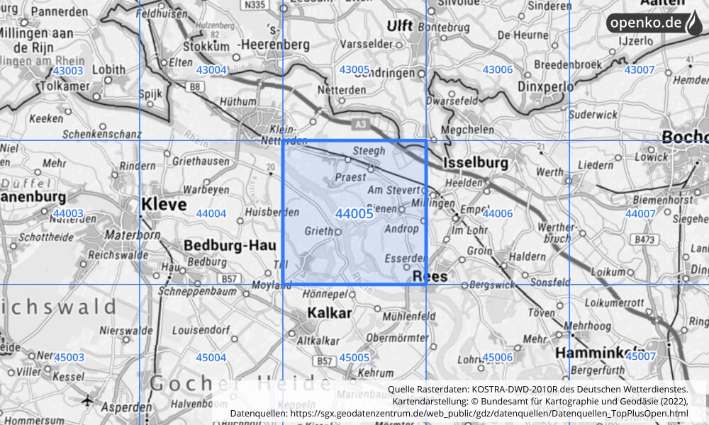 Übersichtskarte KOSTRA-DWD-2010R Rasterfeld Nr. 44005 mit angrenzenden Feldern