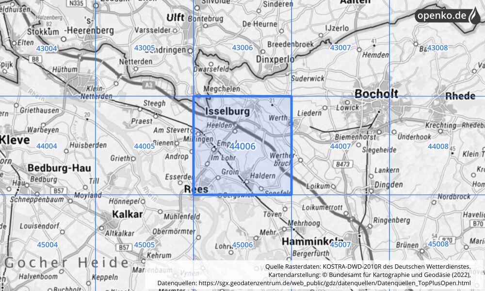 Übersichtskarte KOSTRA-DWD-2010R Rasterfeld Nr. 44006 mit angrenzenden Feldern