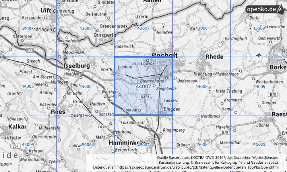 Übersichtskarte KOSTRA-DWD-2010R Rasterfeld Nr. 44007 mit angrenzenden Feldern