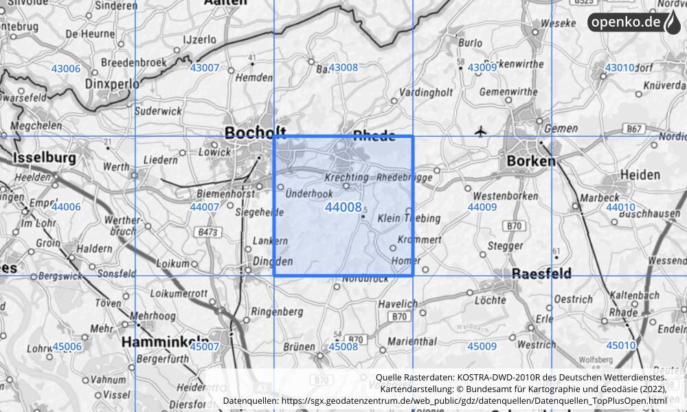 Übersichtskarte KOSTRA-DWD-2010R Rasterfeld Nr. 44008 mit angrenzenden Feldern