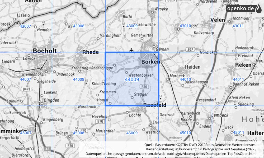 Übersichtskarte KOSTRA-DWD-2010R Rasterfeld Nr. 44009 mit angrenzenden Feldern