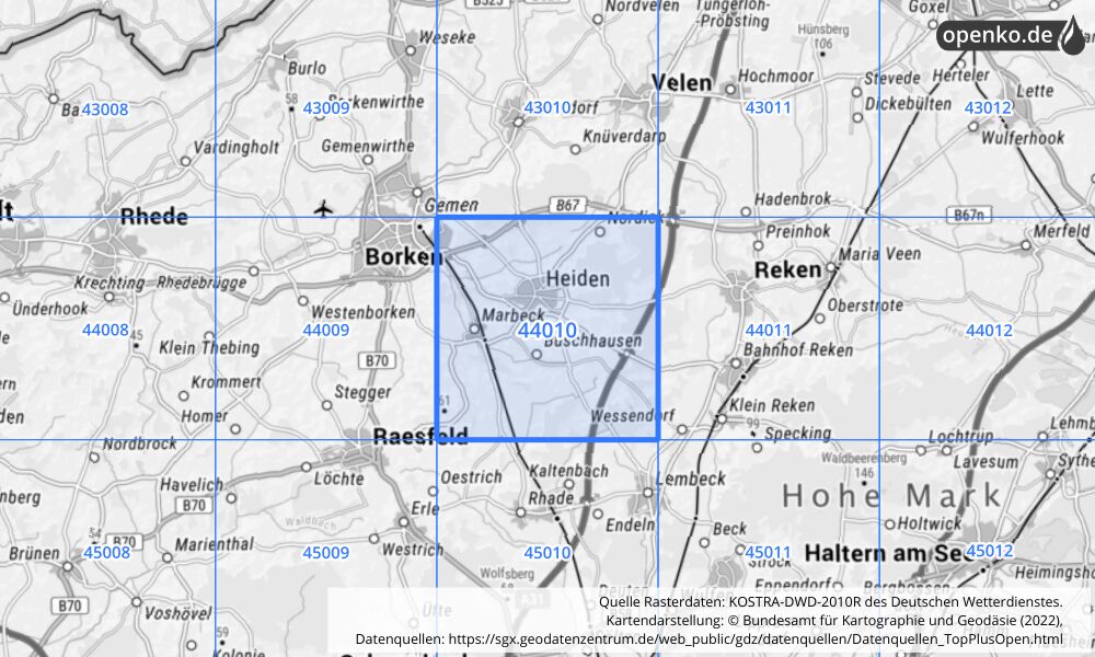Übersichtskarte KOSTRA-DWD-2010R Rasterfeld Nr. 44010 mit angrenzenden Feldern
