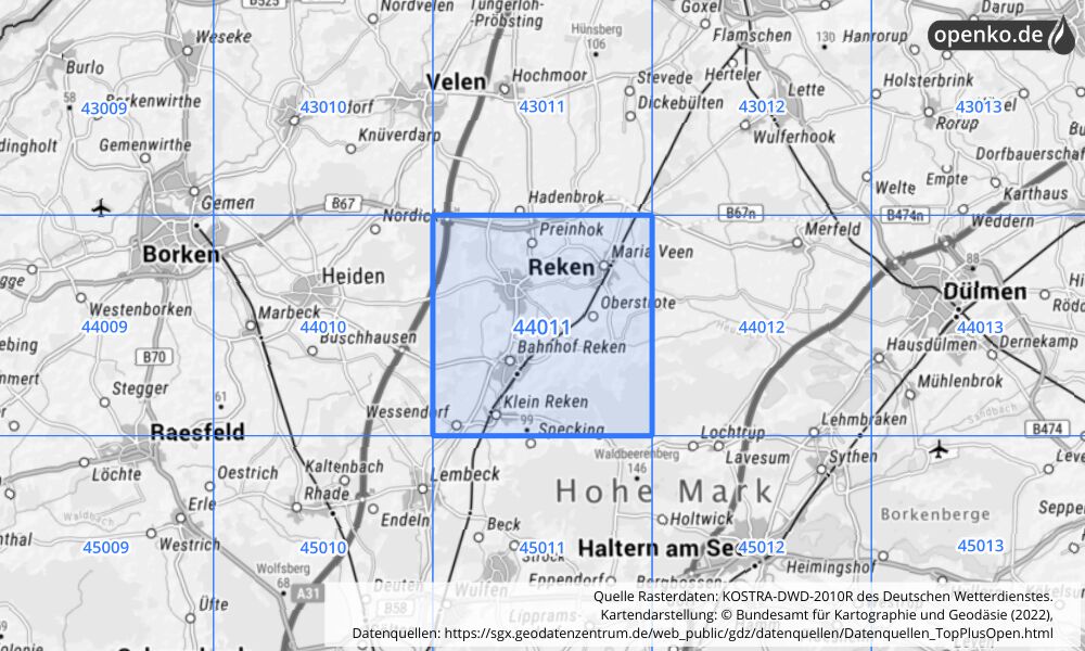 Übersichtskarte KOSTRA-DWD-2010R Rasterfeld Nr. 44011 mit angrenzenden Feldern