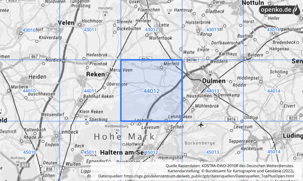 Übersichtskarte KOSTRA-DWD-2010R Rasterfeld Nr. 44012 mit angrenzenden Feldern