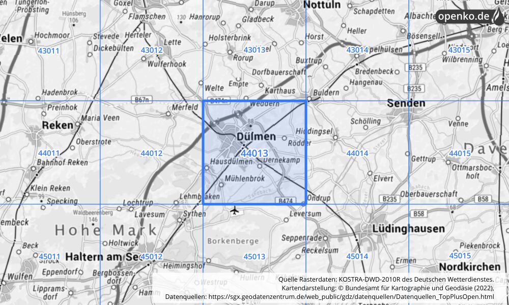 Übersichtskarte KOSTRA-DWD-2010R Rasterfeld Nr. 44013 mit angrenzenden Feldern