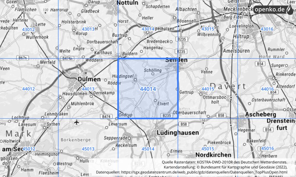 Übersichtskarte KOSTRA-DWD-2010R Rasterfeld Nr. 44014 mit angrenzenden Feldern