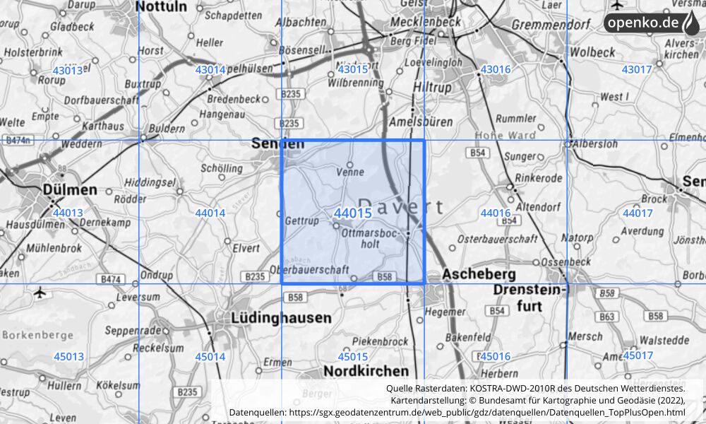 Übersichtskarte KOSTRA-DWD-2010R Rasterfeld Nr. 44015 mit angrenzenden Feldern