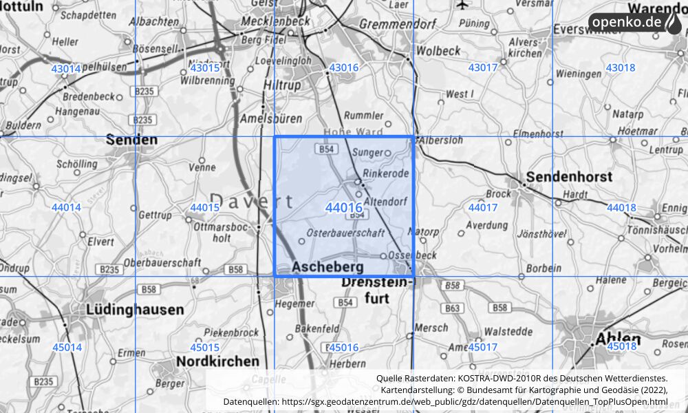 Übersichtskarte KOSTRA-DWD-2010R Rasterfeld Nr. 44016 mit angrenzenden Feldern