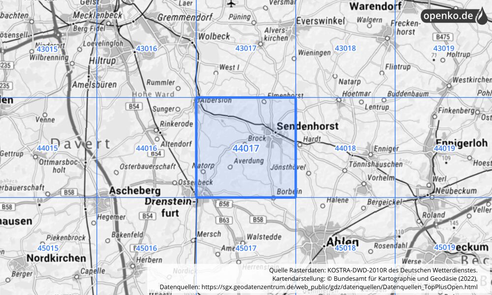 Übersichtskarte KOSTRA-DWD-2010R Rasterfeld Nr. 44017 mit angrenzenden Feldern