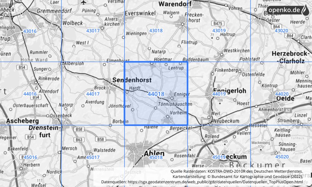 Übersichtskarte KOSTRA-DWD-2010R Rasterfeld Nr. 44018 mit angrenzenden Feldern