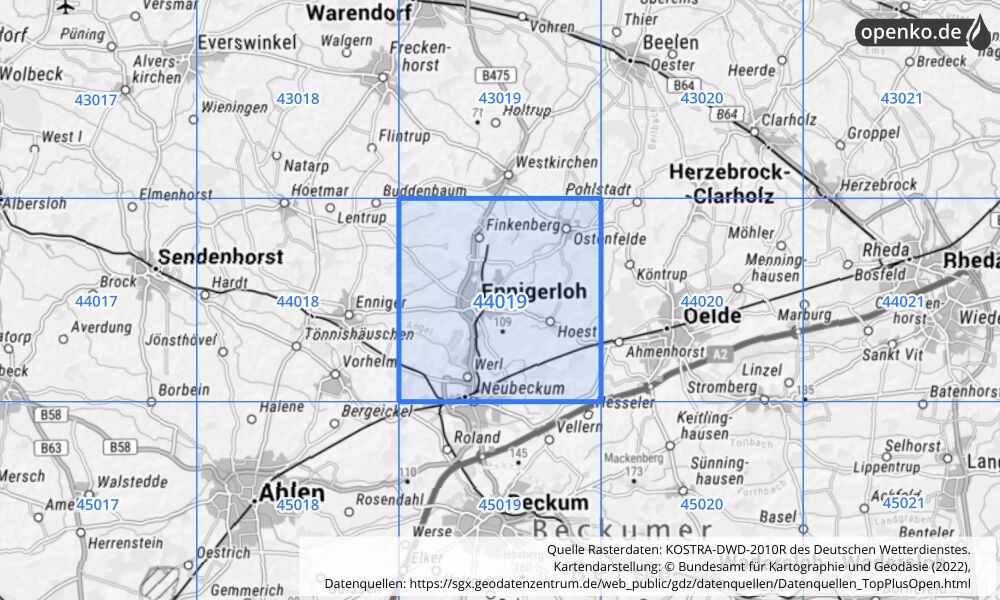 Übersichtskarte KOSTRA-DWD-2010R Rasterfeld Nr. 44019 mit angrenzenden Feldern
