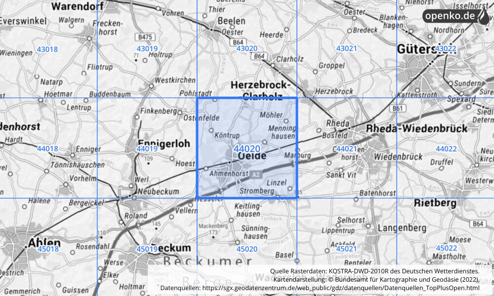 Übersichtskarte KOSTRA-DWD-2010R Rasterfeld Nr. 44020 mit angrenzenden Feldern
