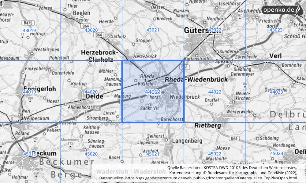 Übersichtskarte KOSTRA-DWD-2010R Rasterfeld Nr. 44021 mit angrenzenden Feldern