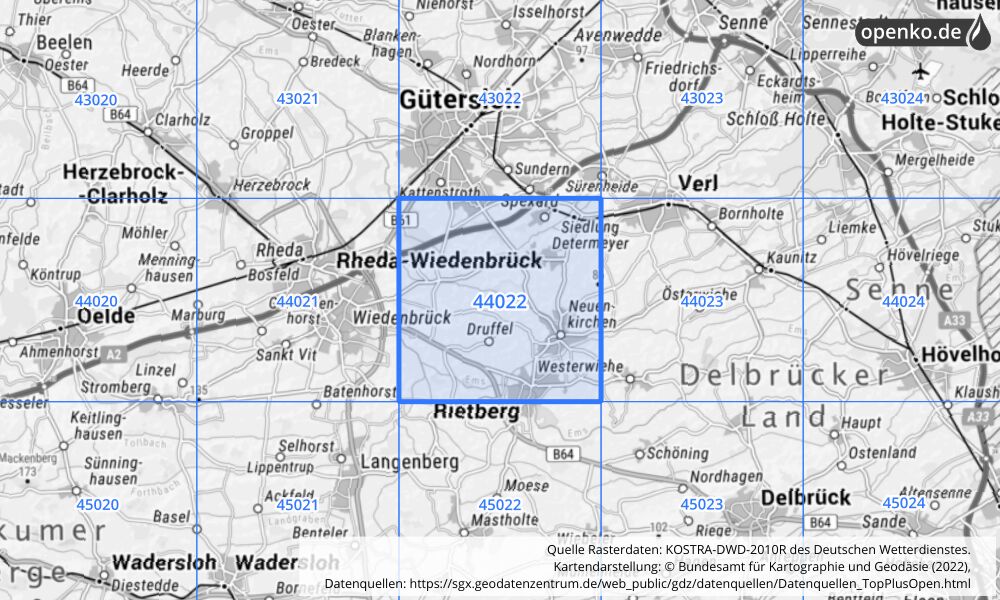 Übersichtskarte KOSTRA-DWD-2010R Rasterfeld Nr. 44022 mit angrenzenden Feldern