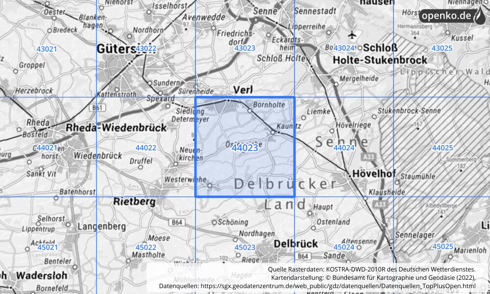 Übersichtskarte KOSTRA-DWD-2010R Rasterfeld Nr. 44023 mit angrenzenden Feldern