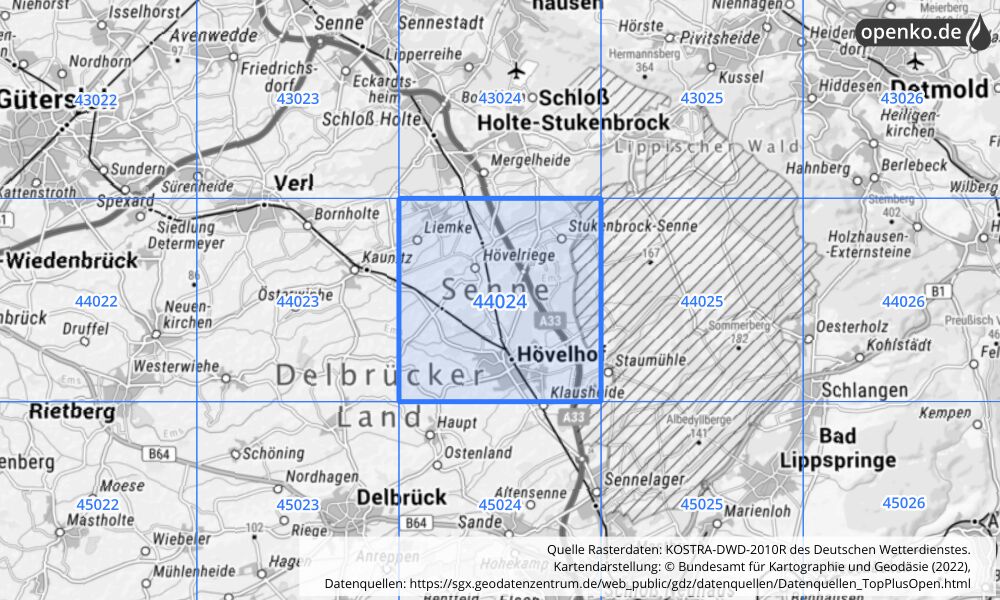 Übersichtskarte KOSTRA-DWD-2010R Rasterfeld Nr. 44024 mit angrenzenden Feldern