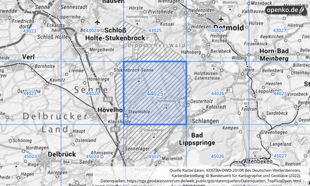 Übersichtskarte KOSTRA-DWD-2010R Rasterfeld Nr. 44025 mit angrenzenden Feldern