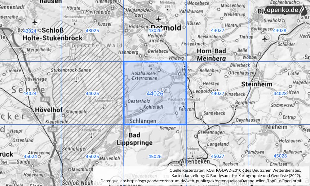 Übersichtskarte KOSTRA-DWD-2010R Rasterfeld Nr. 44026 mit angrenzenden Feldern