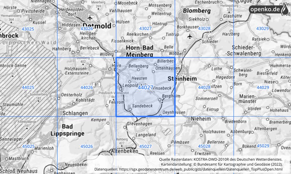 Übersichtskarte KOSTRA-DWD-2010R Rasterfeld Nr. 44027 mit angrenzenden Feldern