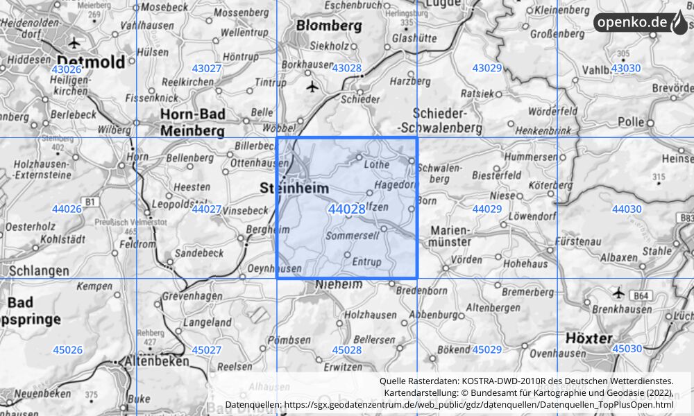 Übersichtskarte KOSTRA-DWD-2010R Rasterfeld Nr. 44028 mit angrenzenden Feldern