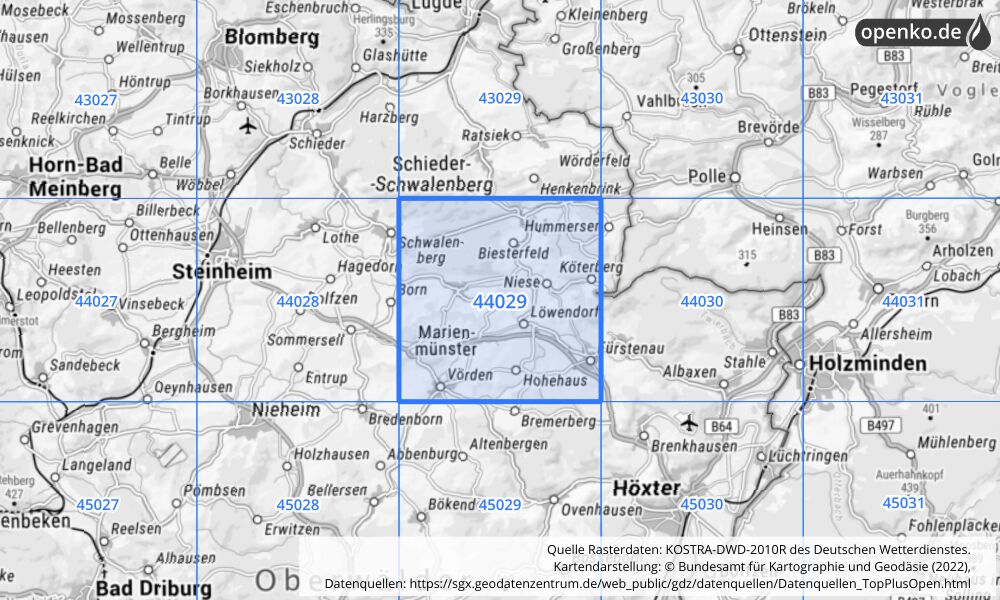 Übersichtskarte KOSTRA-DWD-2010R Rasterfeld Nr. 44029 mit angrenzenden Feldern