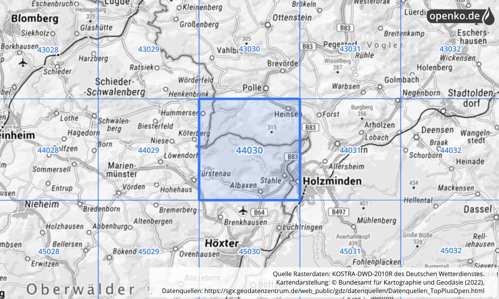 Übersichtskarte KOSTRA-DWD-2010R Rasterfeld Nr. 44030 mit angrenzenden Feldern