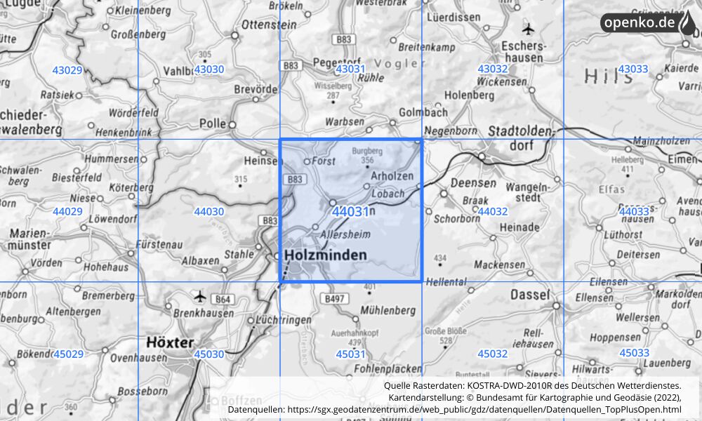 Übersichtskarte KOSTRA-DWD-2010R Rasterfeld Nr. 44031 mit angrenzenden Feldern