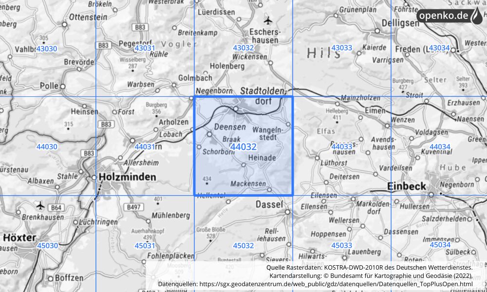 Übersichtskarte KOSTRA-DWD-2010R Rasterfeld Nr. 44032 mit angrenzenden Feldern