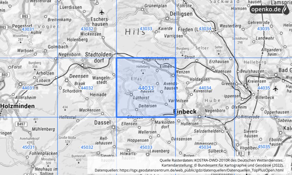 Übersichtskarte KOSTRA-DWD-2010R Rasterfeld Nr. 44033 mit angrenzenden Feldern