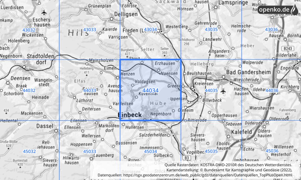 Übersichtskarte KOSTRA-DWD-2010R Rasterfeld Nr. 44034 mit angrenzenden Feldern