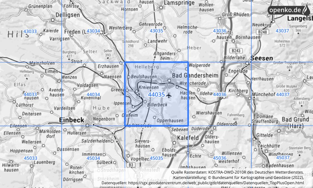 Übersichtskarte KOSTRA-DWD-2010R Rasterfeld Nr. 44035 mit angrenzenden Feldern