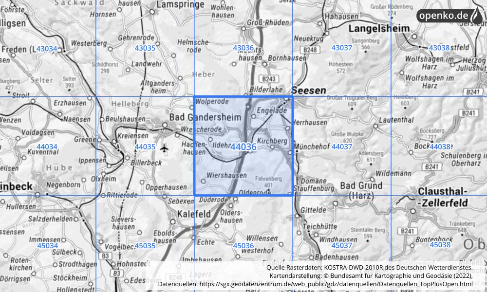 Übersichtskarte KOSTRA-DWD-2010R Rasterfeld Nr. 44036 mit angrenzenden Feldern