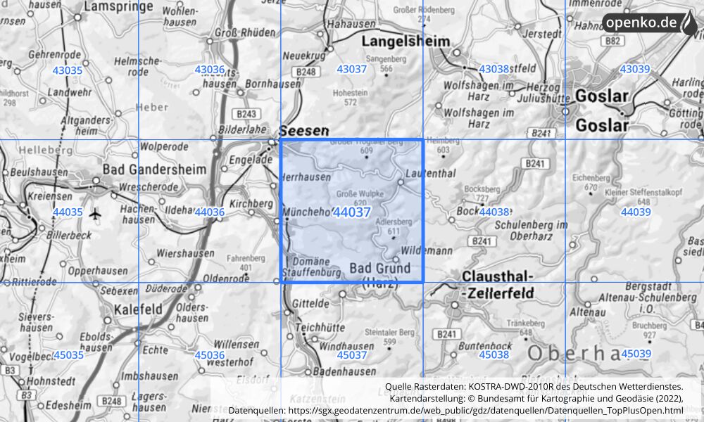 Übersichtskarte KOSTRA-DWD-2010R Rasterfeld Nr. 44037 mit angrenzenden Feldern