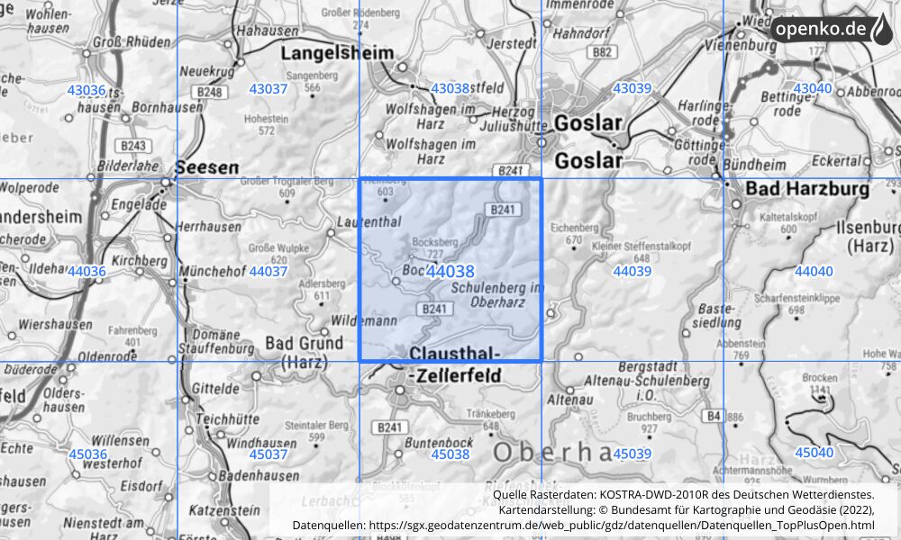 Übersichtskarte KOSTRA-DWD-2010R Rasterfeld Nr. 44038 mit angrenzenden Feldern