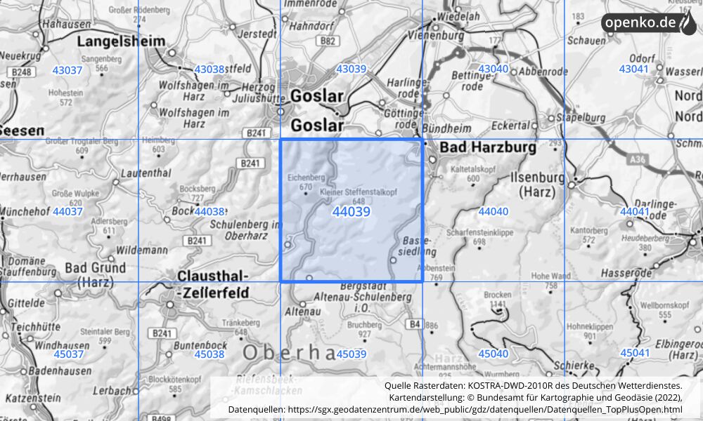 Übersichtskarte KOSTRA-DWD-2010R Rasterfeld Nr. 44039 mit angrenzenden Feldern