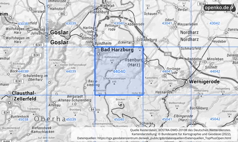 Übersichtskarte KOSTRA-DWD-2010R Rasterfeld Nr. 44040 mit angrenzenden Feldern