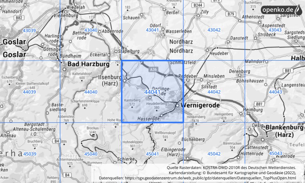 Übersichtskarte KOSTRA-DWD-2010R Rasterfeld Nr. 44041 mit angrenzenden Feldern