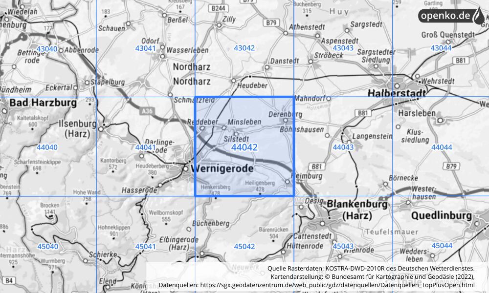 Übersichtskarte KOSTRA-DWD-2010R Rasterfeld Nr. 44042 mit angrenzenden Feldern