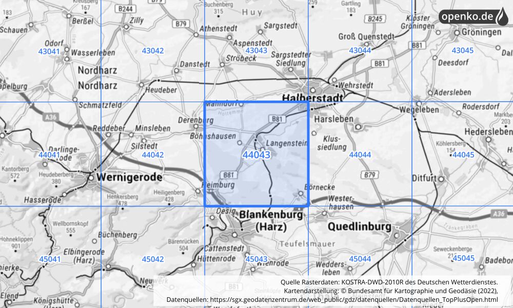 Übersichtskarte KOSTRA-DWD-2010R Rasterfeld Nr. 44043 mit angrenzenden Feldern