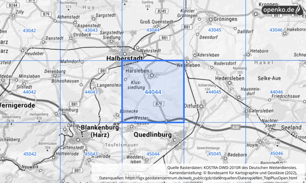 Übersichtskarte KOSTRA-DWD-2010R Rasterfeld Nr. 44044 mit angrenzenden Feldern