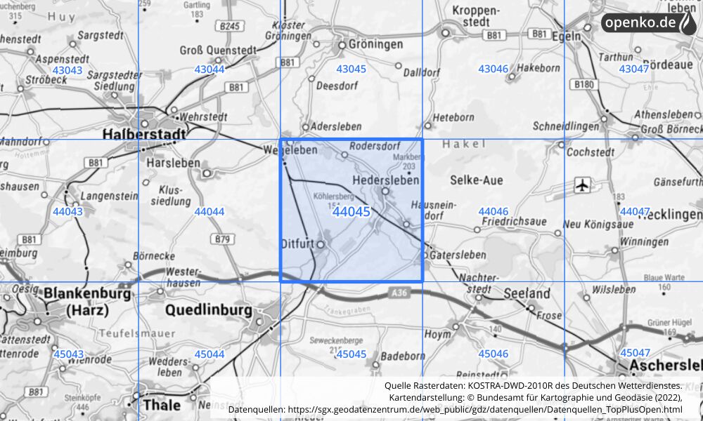 Übersichtskarte KOSTRA-DWD-2010R Rasterfeld Nr. 44045 mit angrenzenden Feldern