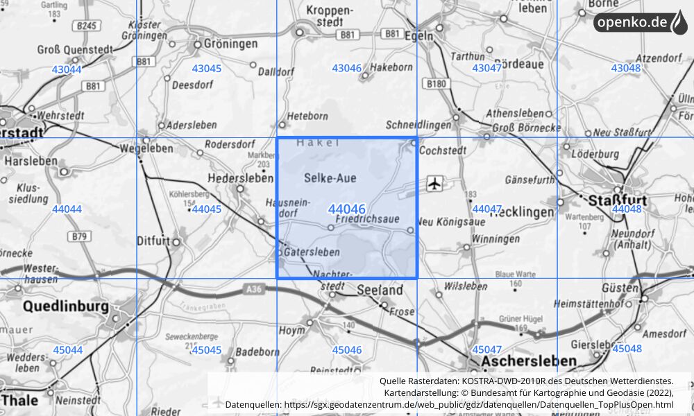 Übersichtskarte KOSTRA-DWD-2010R Rasterfeld Nr. 44046 mit angrenzenden Feldern