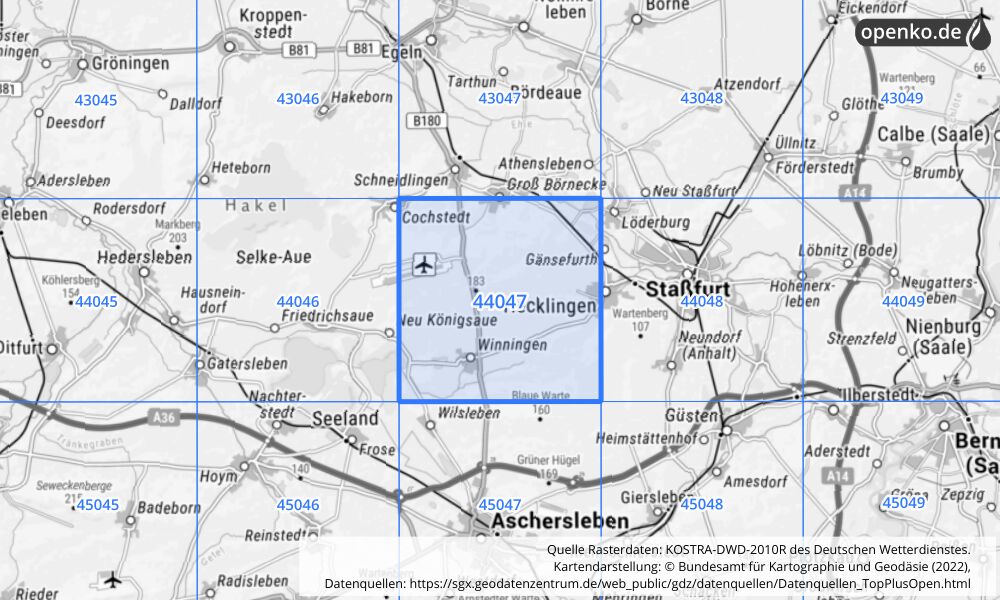 Übersichtskarte KOSTRA-DWD-2010R Rasterfeld Nr. 44047 mit angrenzenden Feldern