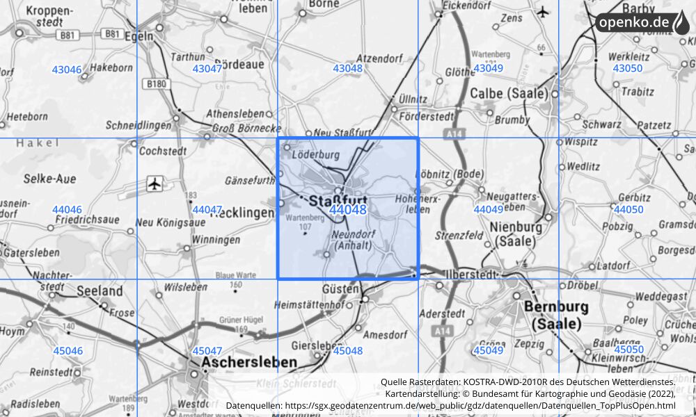 Übersichtskarte KOSTRA-DWD-2010R Rasterfeld Nr. 44048 mit angrenzenden Feldern