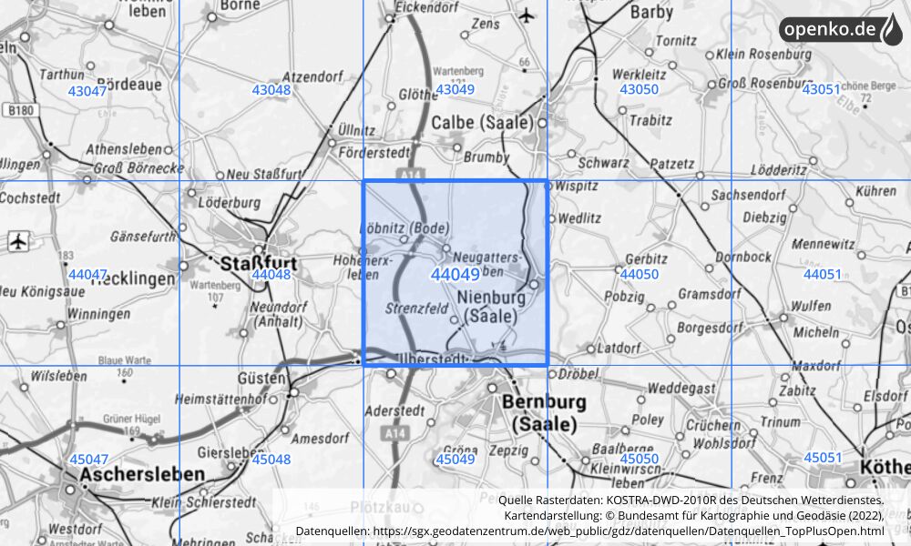 Übersichtskarte KOSTRA-DWD-2010R Rasterfeld Nr. 44049 mit angrenzenden Feldern