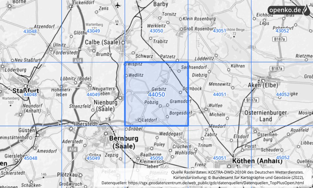 Übersichtskarte KOSTRA-DWD-2010R Rasterfeld Nr. 44050 mit angrenzenden Feldern